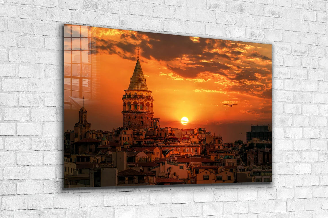 Galata Towe Sunset Sky Print Tempered Glass Wall Art 100% Made in Australia Ready to Hang