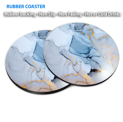 Blue Grey Gold Liquid Abstract Design Coasters Wood & Rubber - Set of 6 Coasters