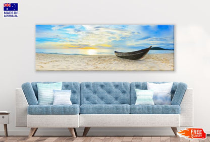 Panoramic Canvas Boat on Beach Sea Scenery Photorgaph High Quality 100% Australian Made Wall Canvas Print Ready to Hang