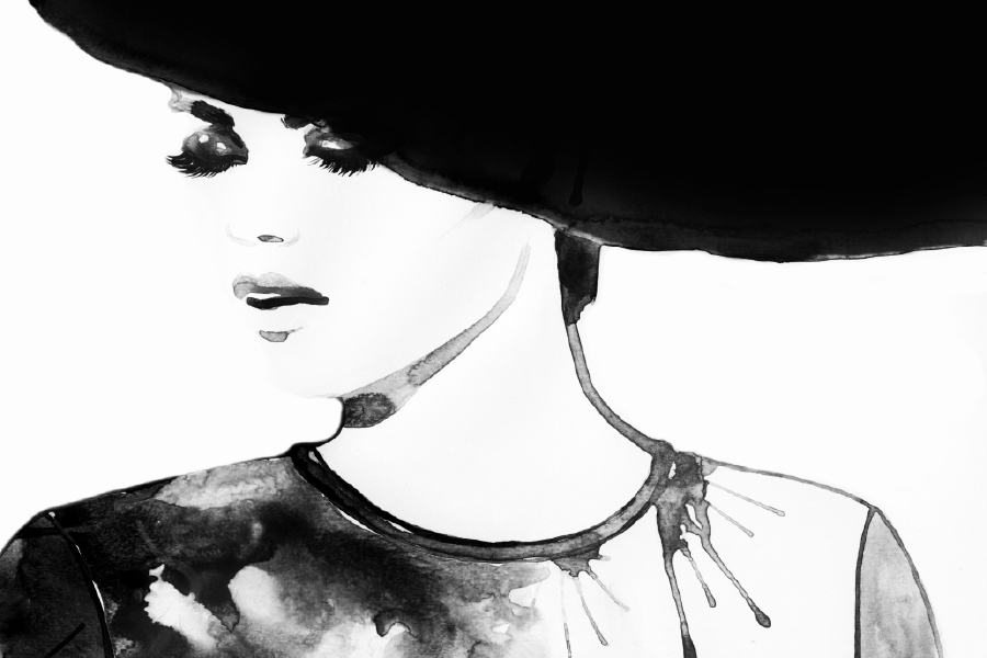 Woman Face with Hat B&W Watercolor Painting Print 100% Australian Made