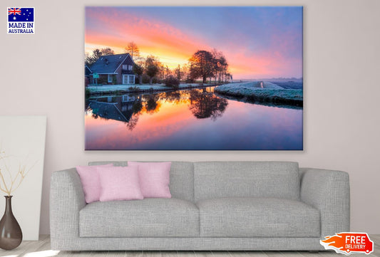 House Near Lake with Trees Sunset Photograph Print 100% Australian Made
