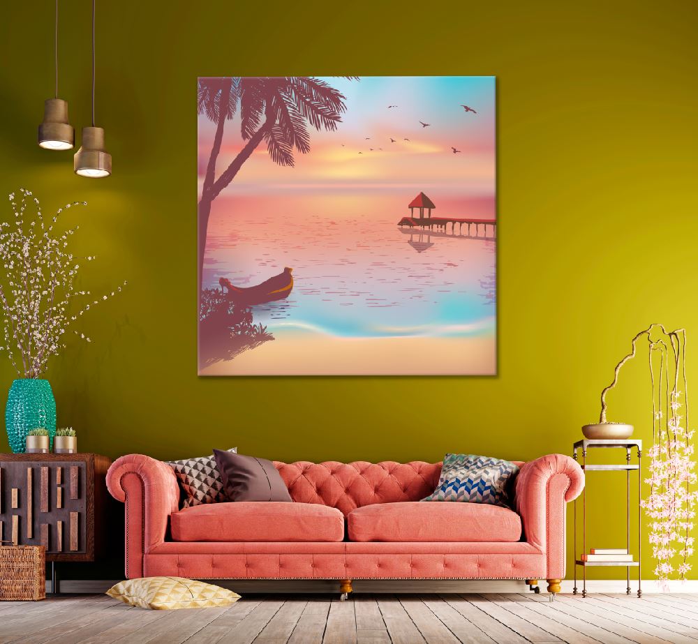 Square Canvas Sunset Tropical Beach Vector Art High Quality Print 100% Australian Made