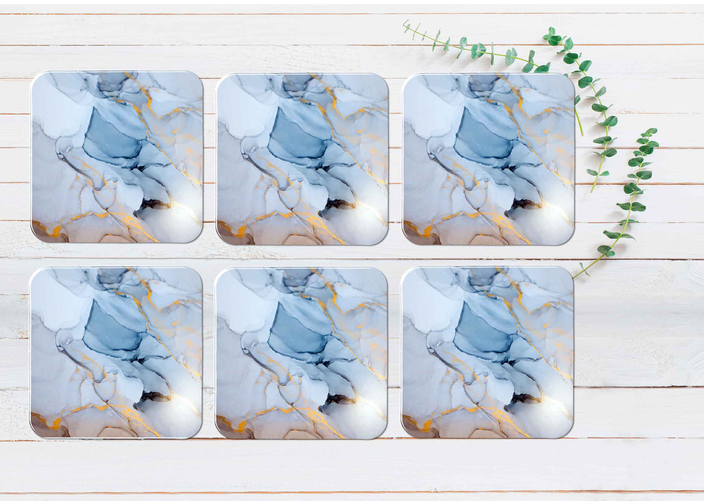 Blue Grey Gold Liquid Abstract Design Coasters Wood & Rubber - Set of 6 Coasters