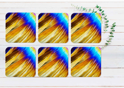 Blue & Gold Feather Abstract Coasters Wood & Rubber - Set of 6 Coasters