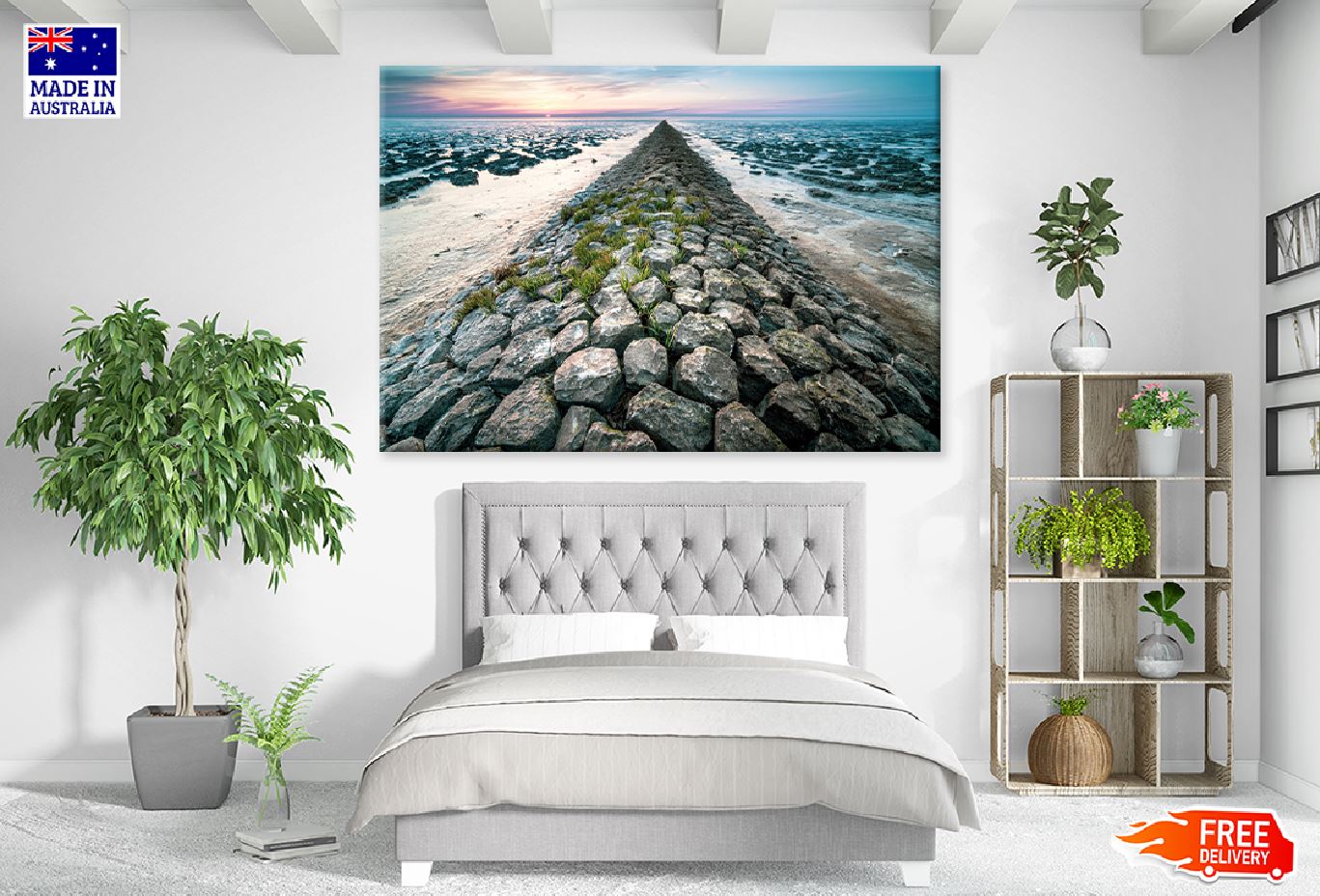 Rocky Beach During Sunset Scenery Photograph Print 100% Australian Made