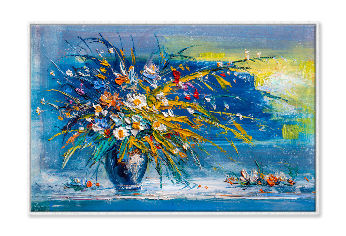 Flowers with Leaves Blue Vase Oil Painting Wall Art Limited Edition High Quality Print Canvas Box Framed White