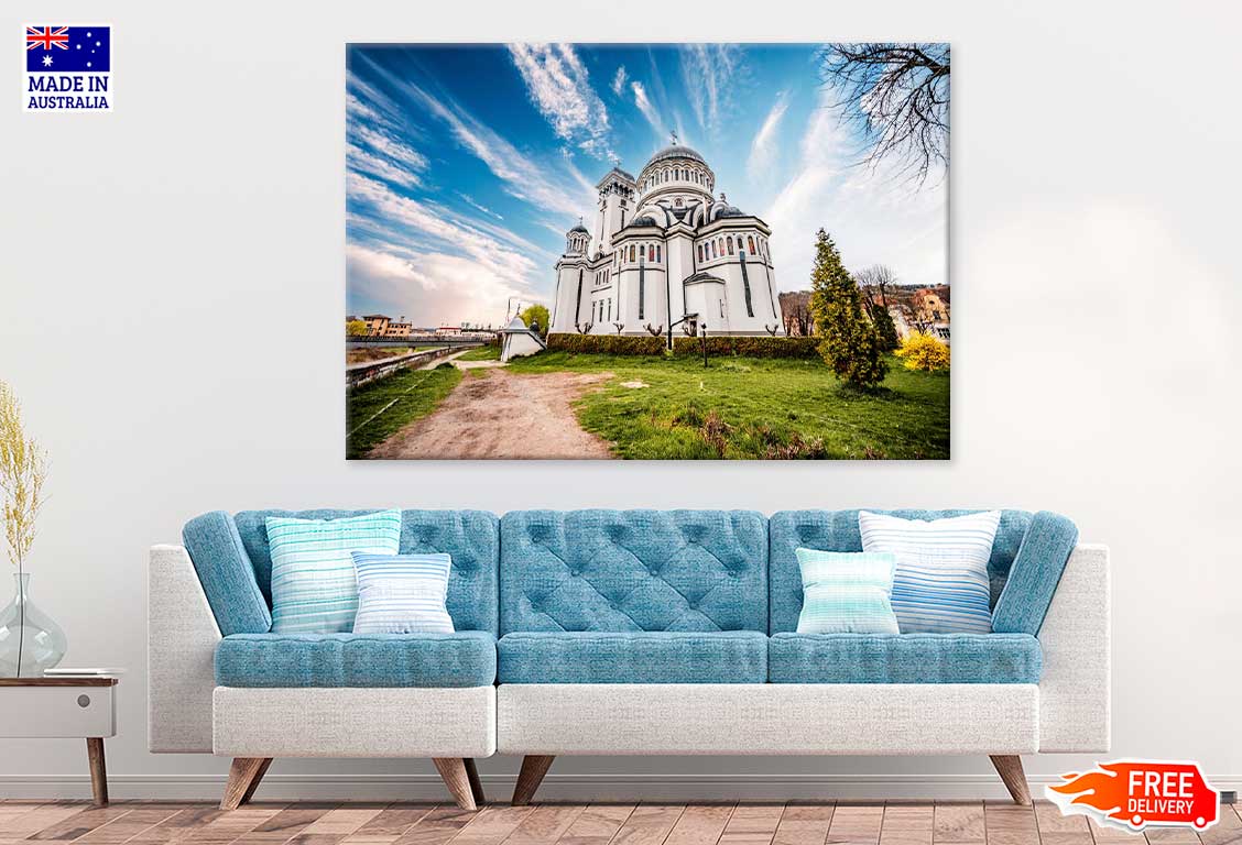 White Church with Blue Sky Scenery Photograph Print 100% Australian Made