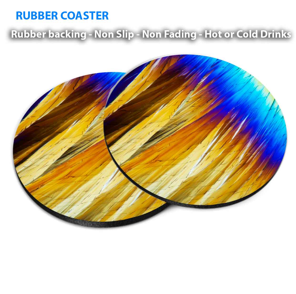 Blue & Gold Feather Abstract Coasters Wood & Rubber - Set of 6 Coasters