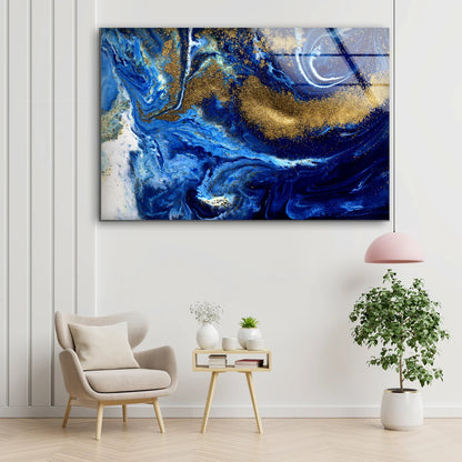 Blue Gold & White Abstract Design Acrylic Glass Print Tempered Glass Wall Art 100% Made in Australia Ready to Hang