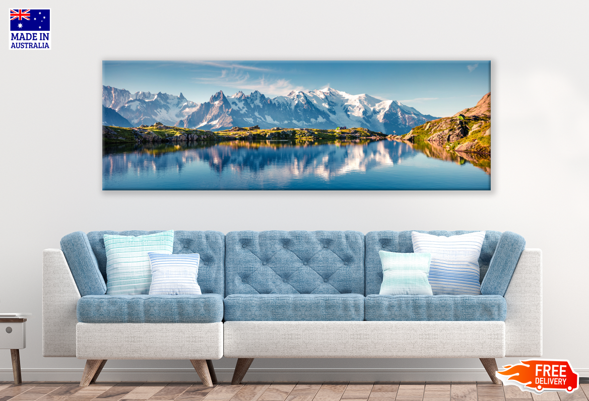 Panoramic Canvas Snow Capped Mountains Lake & Forest High Quality 100% Australian made wall Canvas Print ready to hang