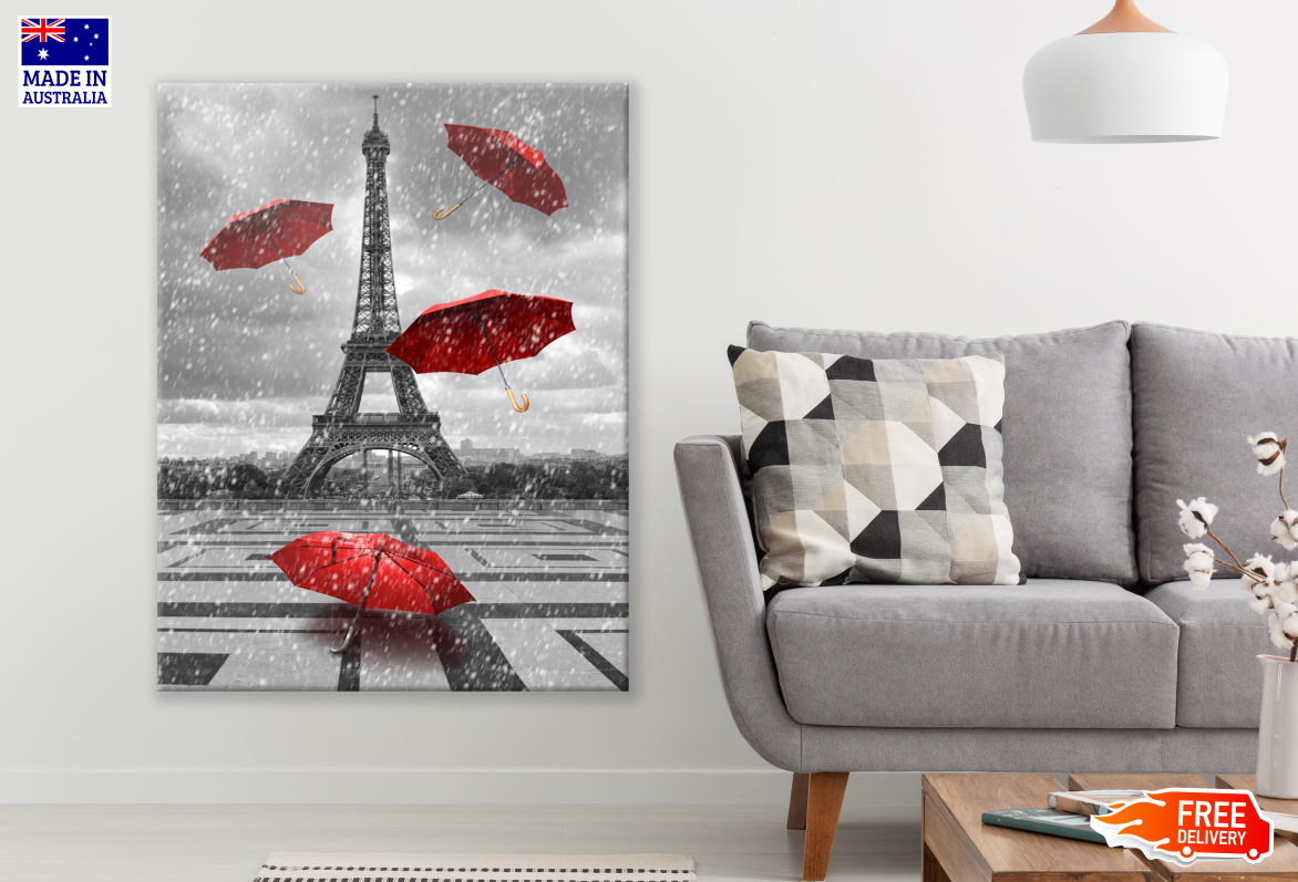 B&W Eiffel Tower & Red Umbrellas Print 100% Australian Made