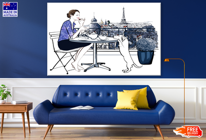 Woman Drinking Tea With Her Dog Eiffel Tower View Painting Print 100% Australian Made