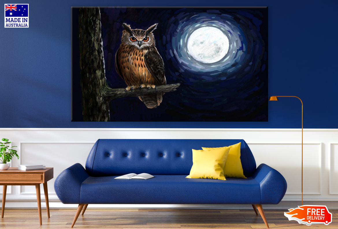 Owl Sitting on a Branch Under Moon Light Painting Print 100% Australian Made