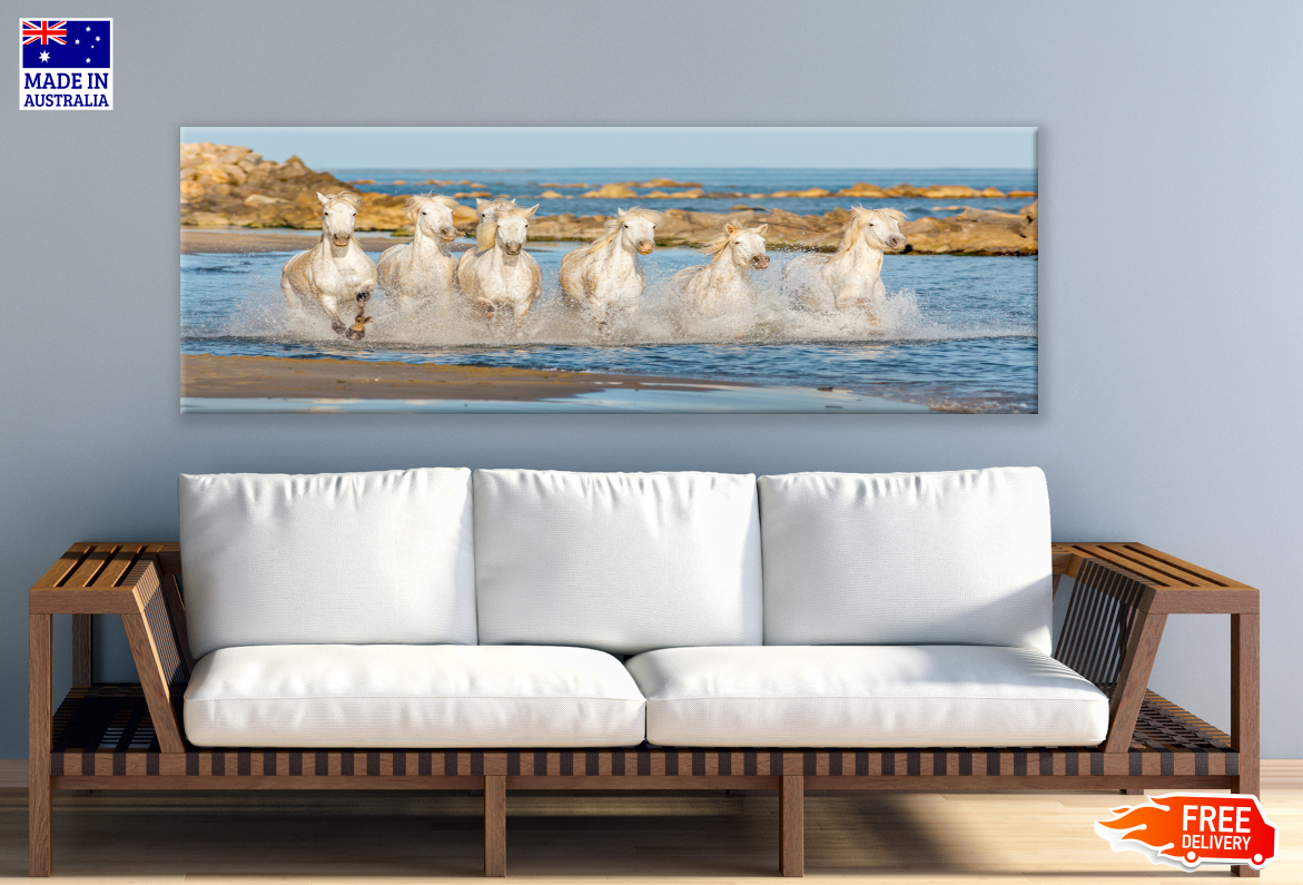 Panoramic Canvas Horses Running on Water High Quality 100% Australian made wall Canvas Print ready to hang