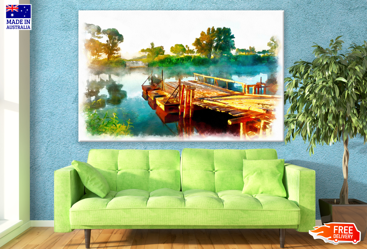 Lake , Forest & Pier Watecolour Painting Print 100% Australian Made