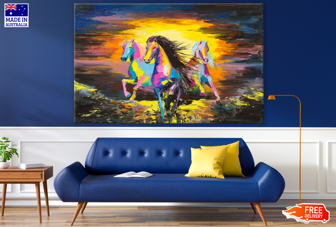 Colourful Horses Running Watercolour Painting Print 100% Australian Made