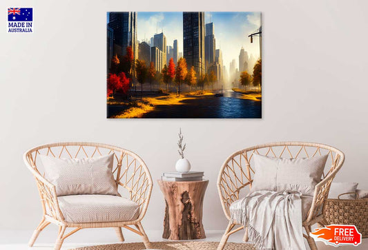 Autumn Trees & City Buildings Painting Print 100% Australian Made