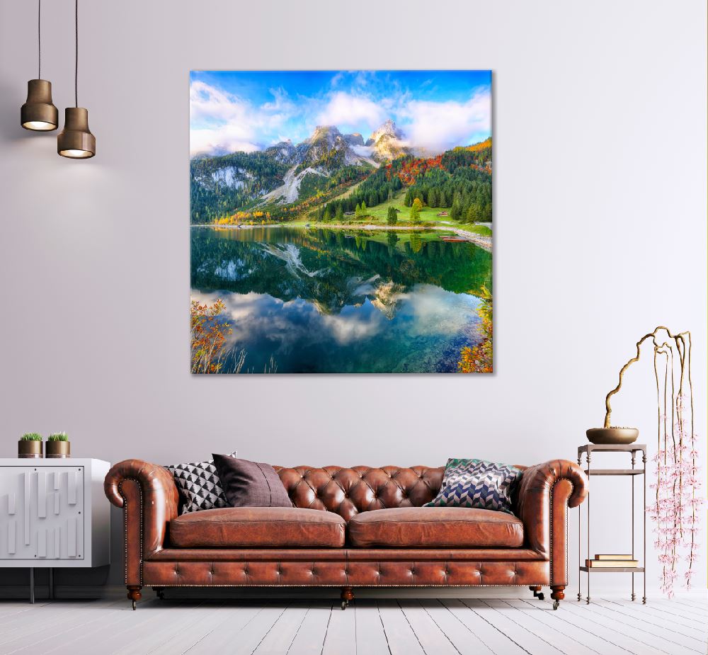 Square Canvas Gosausee Mountain Lake in Fall Scenery Photograph High Quality Print 100% Australian Made