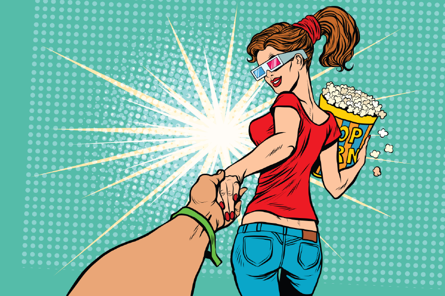 Couple with Pop Corn & Holding Hands Illustration Print 100% Australian Made