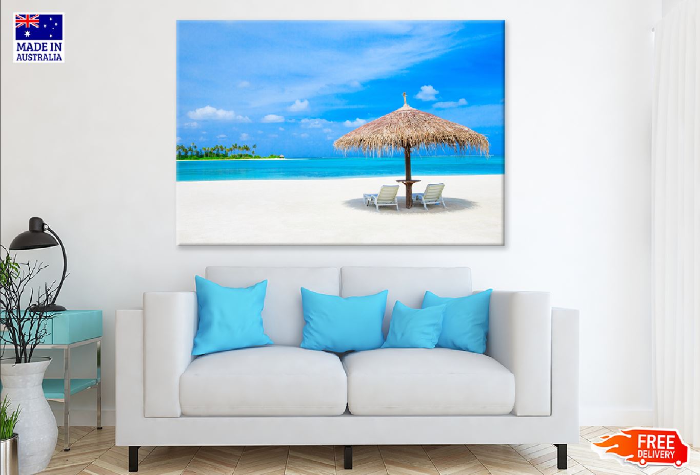 Beds & Umbrella Near Maldives Sea Photograph Print 100% Australian Made
