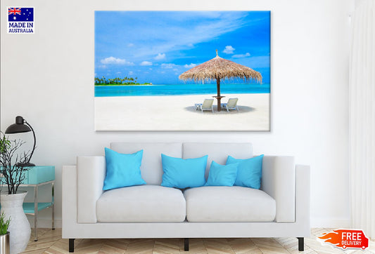 Beds & Umbrella Near Maldives Sea Photograph Print 100% Australian Made