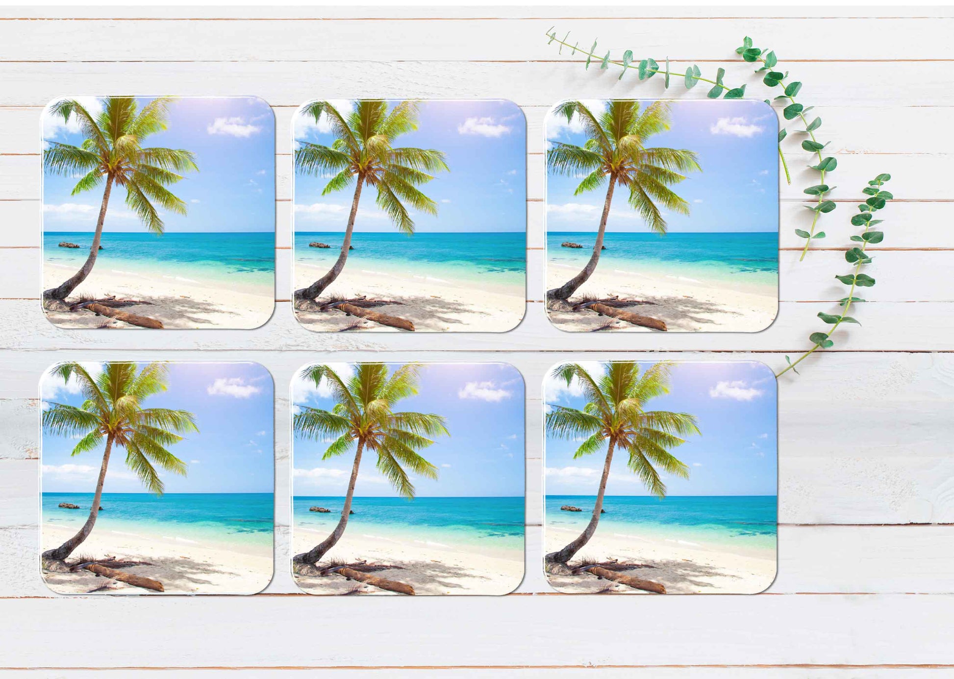 Tropical Beach With Coconut Palm Coasters Wood & Rubber - Set of 6 Coasters