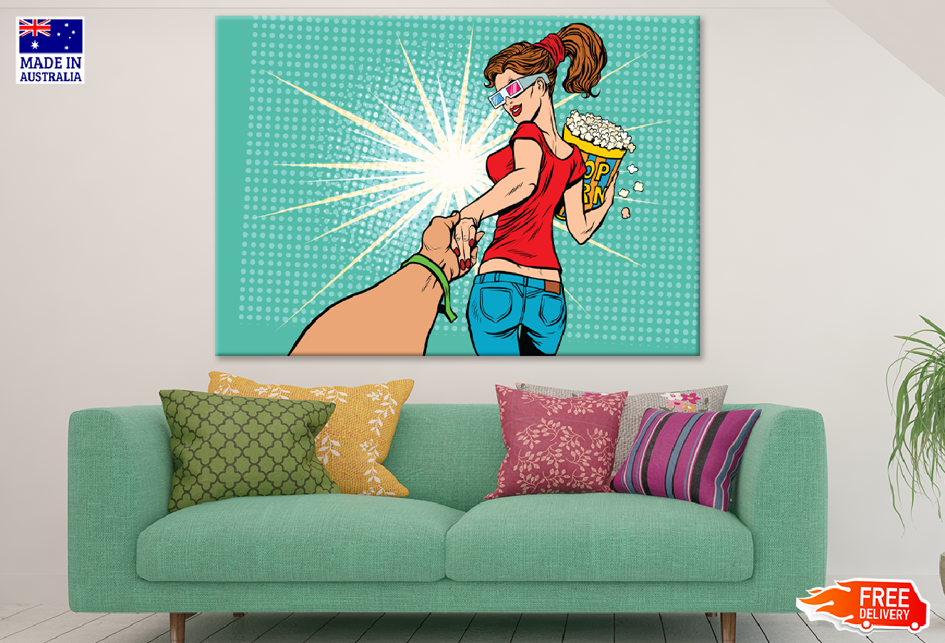 Couple with Pop Corn & Holding Hands Illustration Print 100% Australian Made