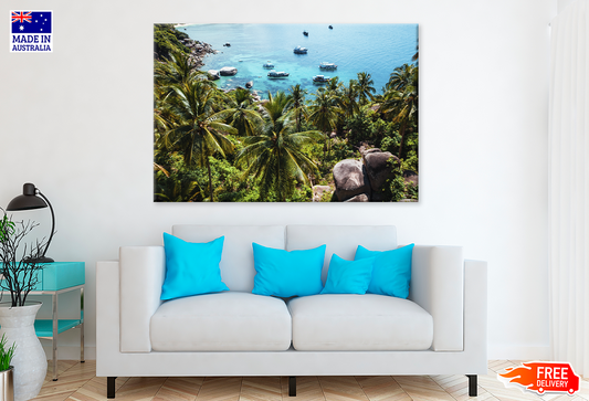 Plam Trees & Boat On Sea View Photograph Print 100% Australian Made