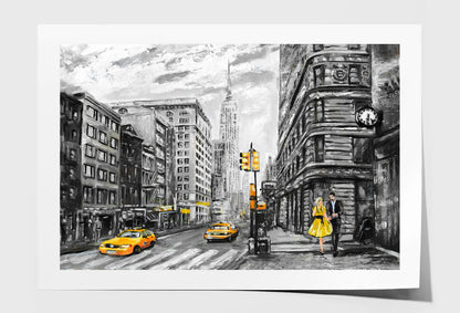 Street View of New York Yellow Taxi & Couple B&W Painting Wall Art Limited Edition High Quality Print Unframed Roll Canvas None