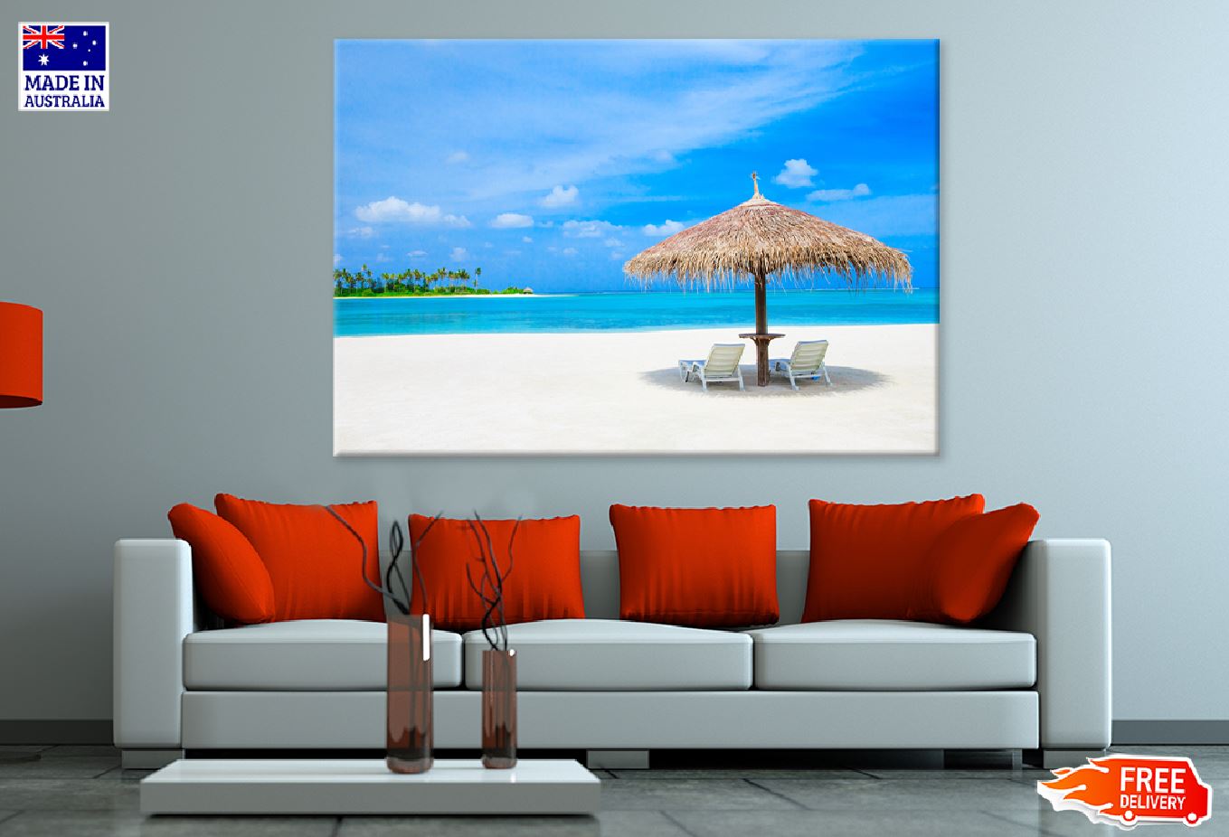 Beds & Umbrella Near Maldives Sea Photograph Print 100% Australian Made