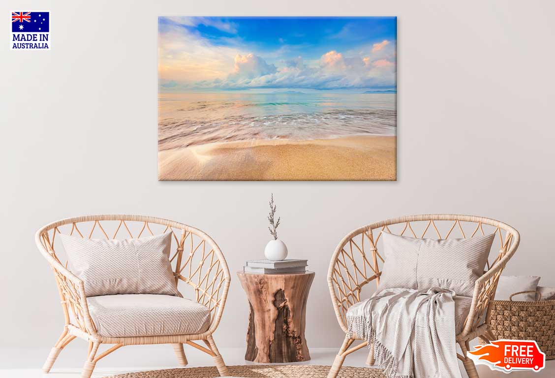 Sea Waves on Sandy Beach with Blue Sky Photograph Print 100% Australian Made