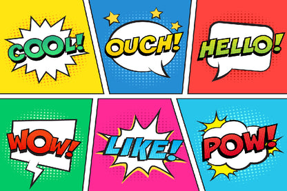 COOL OUCH HELLO WOW LIKE POW Chat Bubble Illustration Print 100% Australian Made