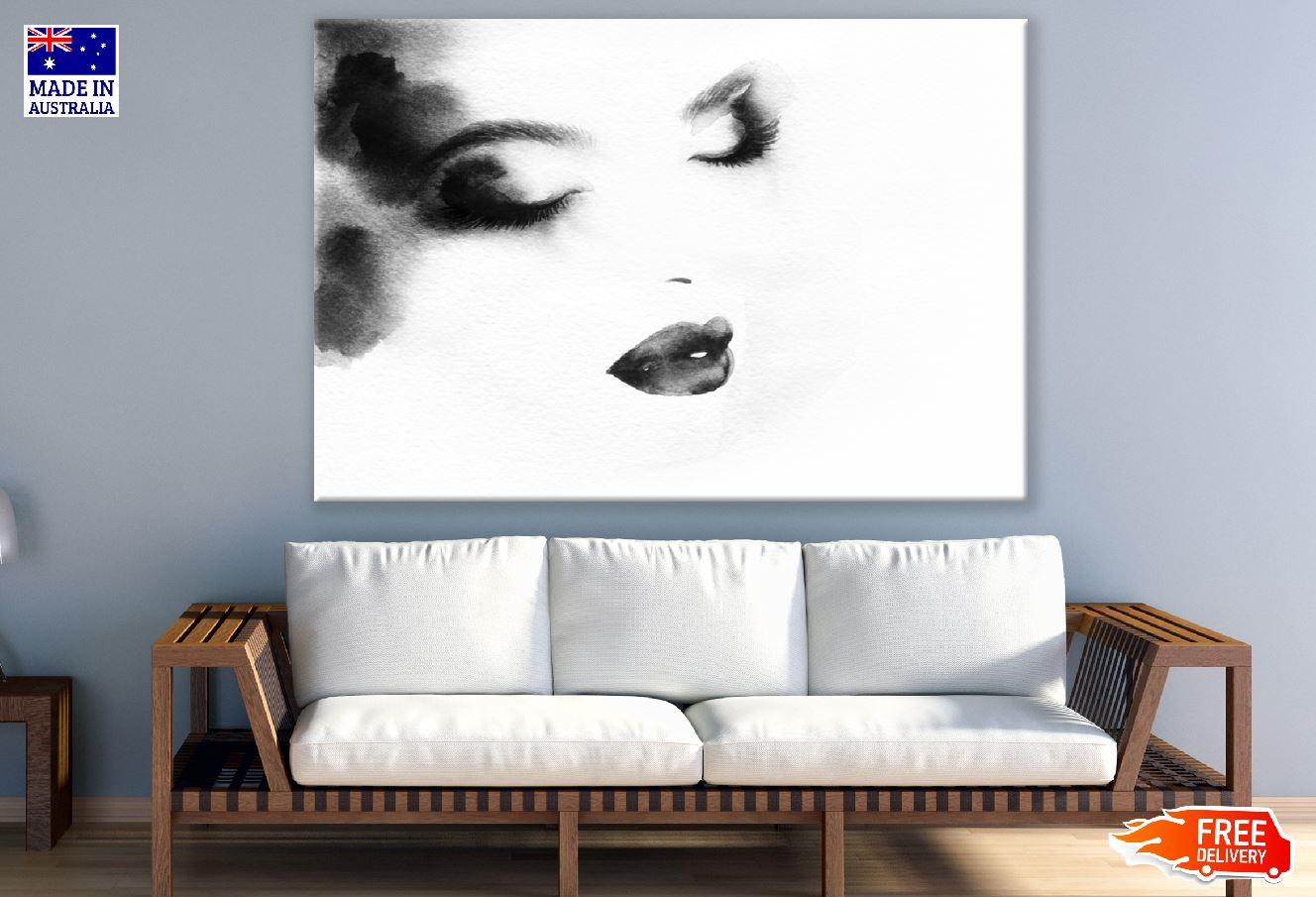 Young Girl Face with Black Lips B&W Watercolor Painting Print 100% Australian Made