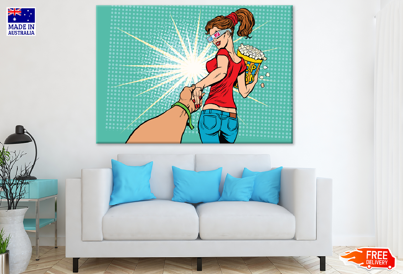 Couple with Pop Corn & Holding Hands Illustration Print 100% Australian Made