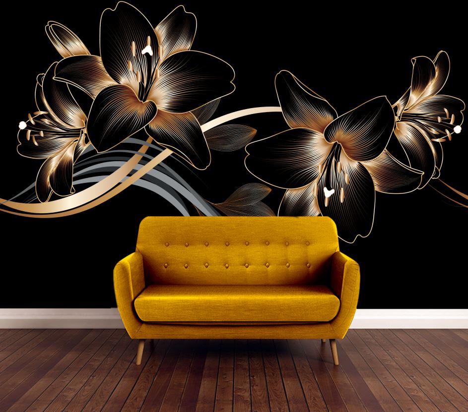 Wallpaper Murals Peel and Stick Removable Black & Gold Floral Abstract Design High Quality