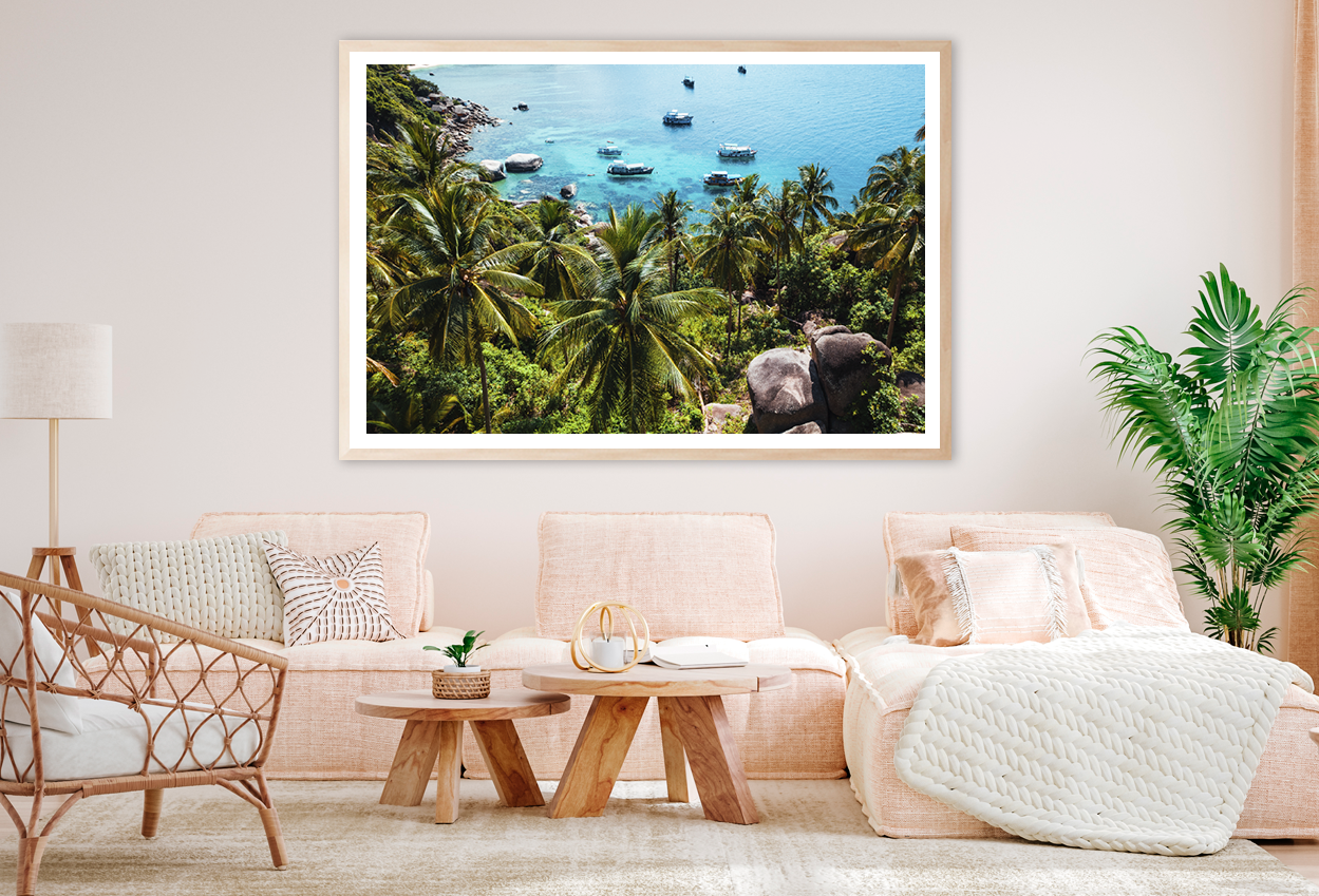 Plam Trees & Boat On Sea View Photograph Home Decor Premium Quality Poster Print Choose Your Sizes