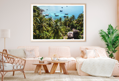 Plam Trees & Boat On Sea View Photograph Home Decor Premium Quality Poster Print Choose Your Sizes