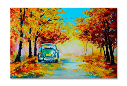 Car In The Colorful Autumn Forest Road Wall Art Limited Edition High Quality Print Stretched Canvas None