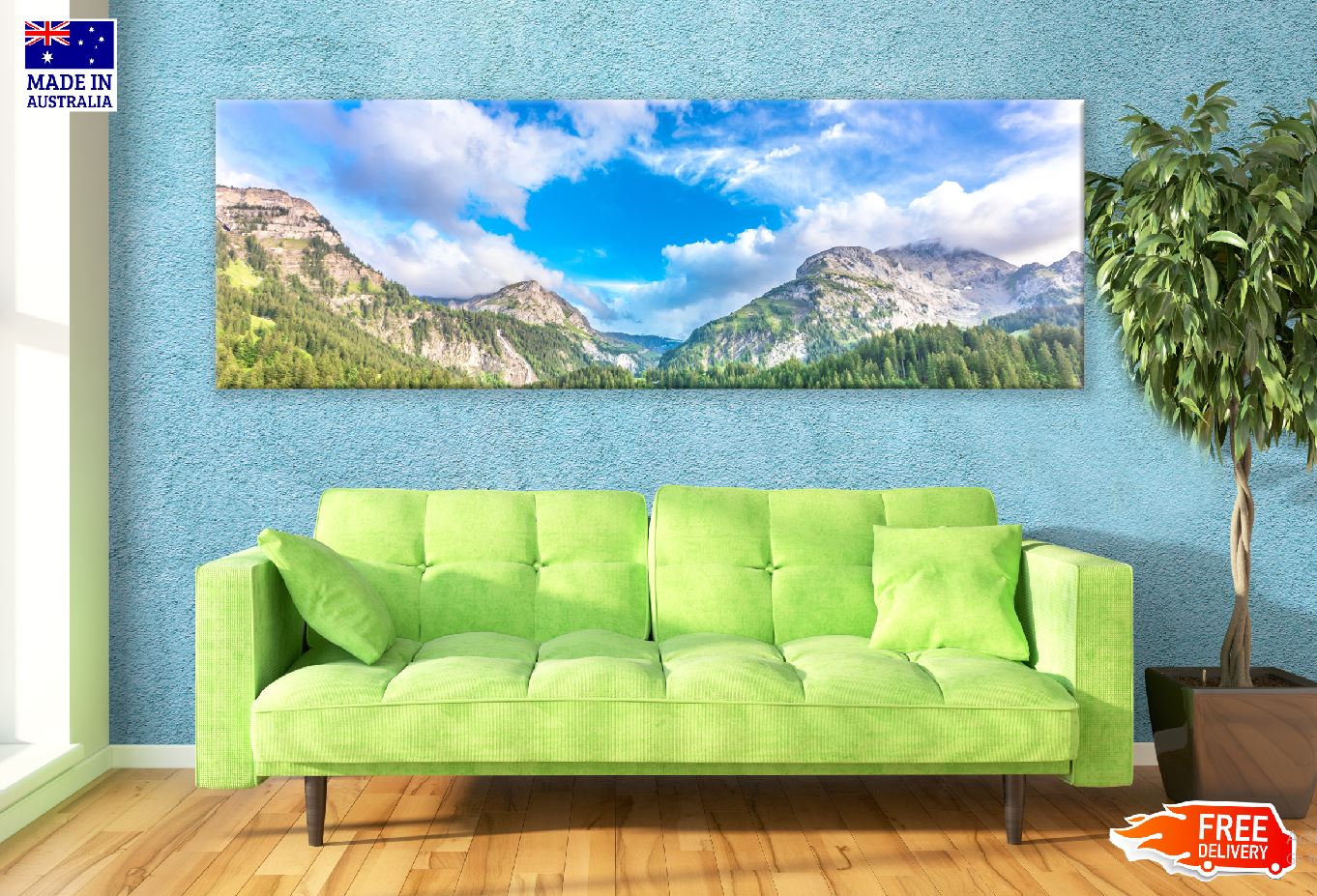 Panoramic Canvas Mountains Cloudy Sky Scenery High Quality 100% Australian Made Wall Canvas Print Ready to Hang