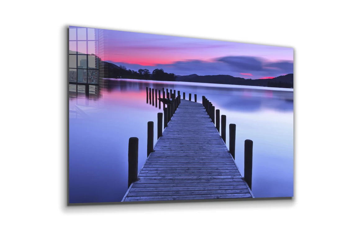 Pier Lake with Pink Sky Print Tempered Glass Wall Art 100% Made in Australia Ready to Hang