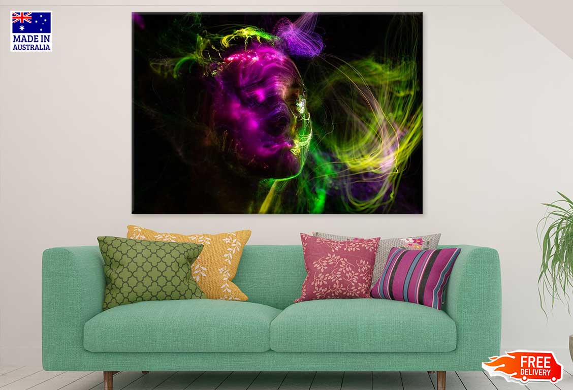Purple Yellow & Green Digital Woman Face Abstract Design Print 100% Australian Made