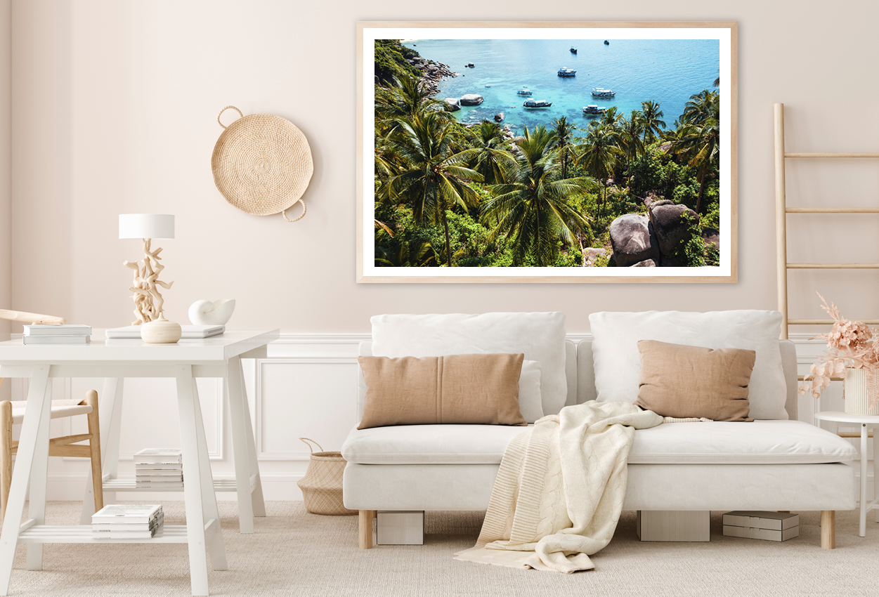 Plam Trees & Boat On Sea View Photograph Home Decor Premium Quality Poster Print Choose Your Sizes
