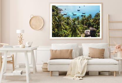 Plam Trees & Boat On Sea View Photograph Home Decor Premium Quality Poster Print Choose Your Sizes