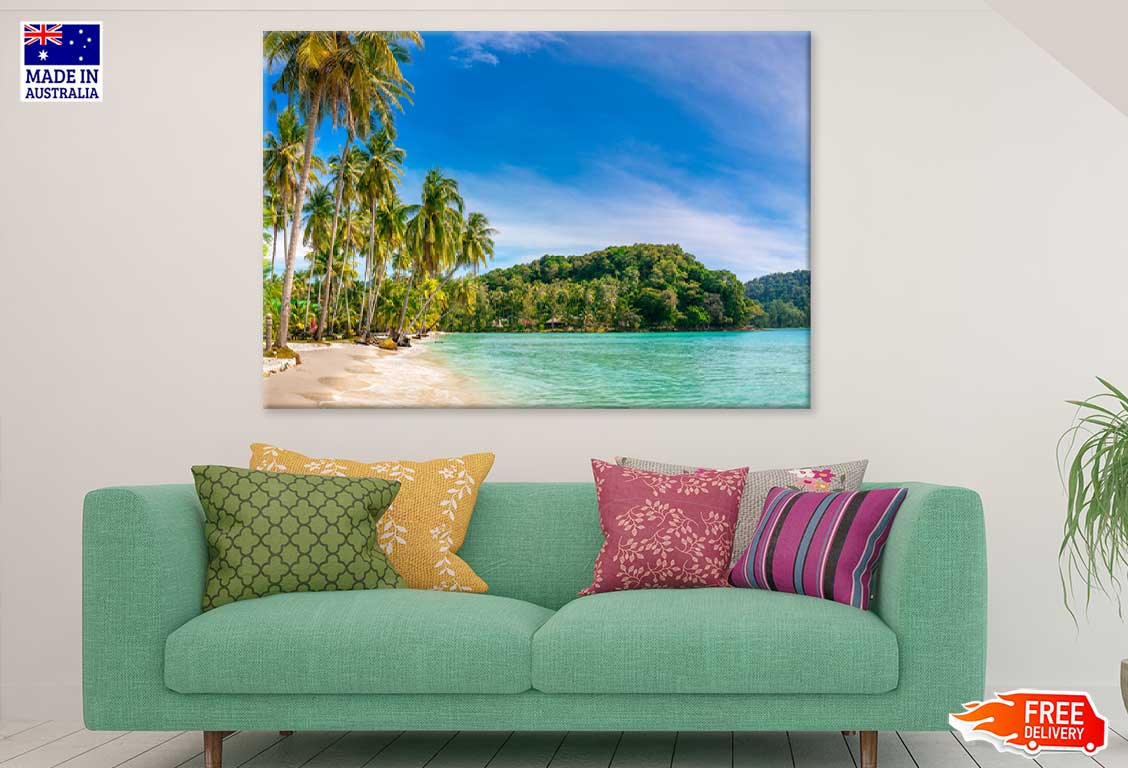 Sandy Beach & Palm Tree Blue Sky View Photograph Print 100% Australian Made