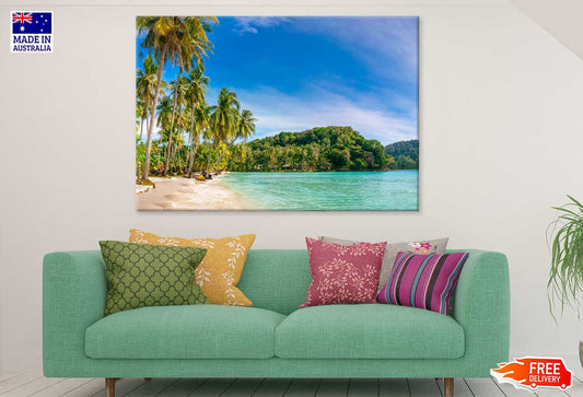 Sandy Beach & Palm Tree Blue Sky View Photograph Print 100% Australian Made