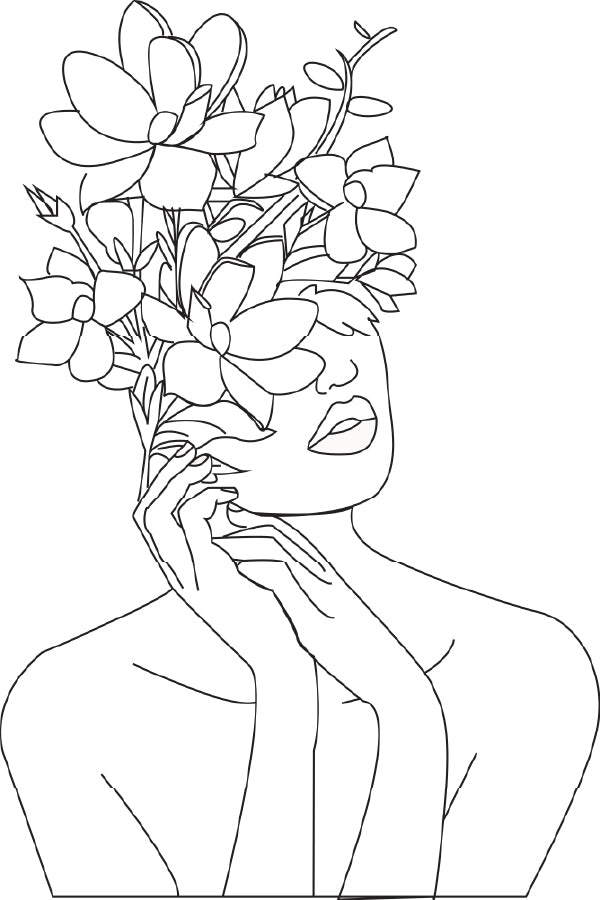 Flowers & Woman Face B&W Line Art Design Print 100% Australian Made