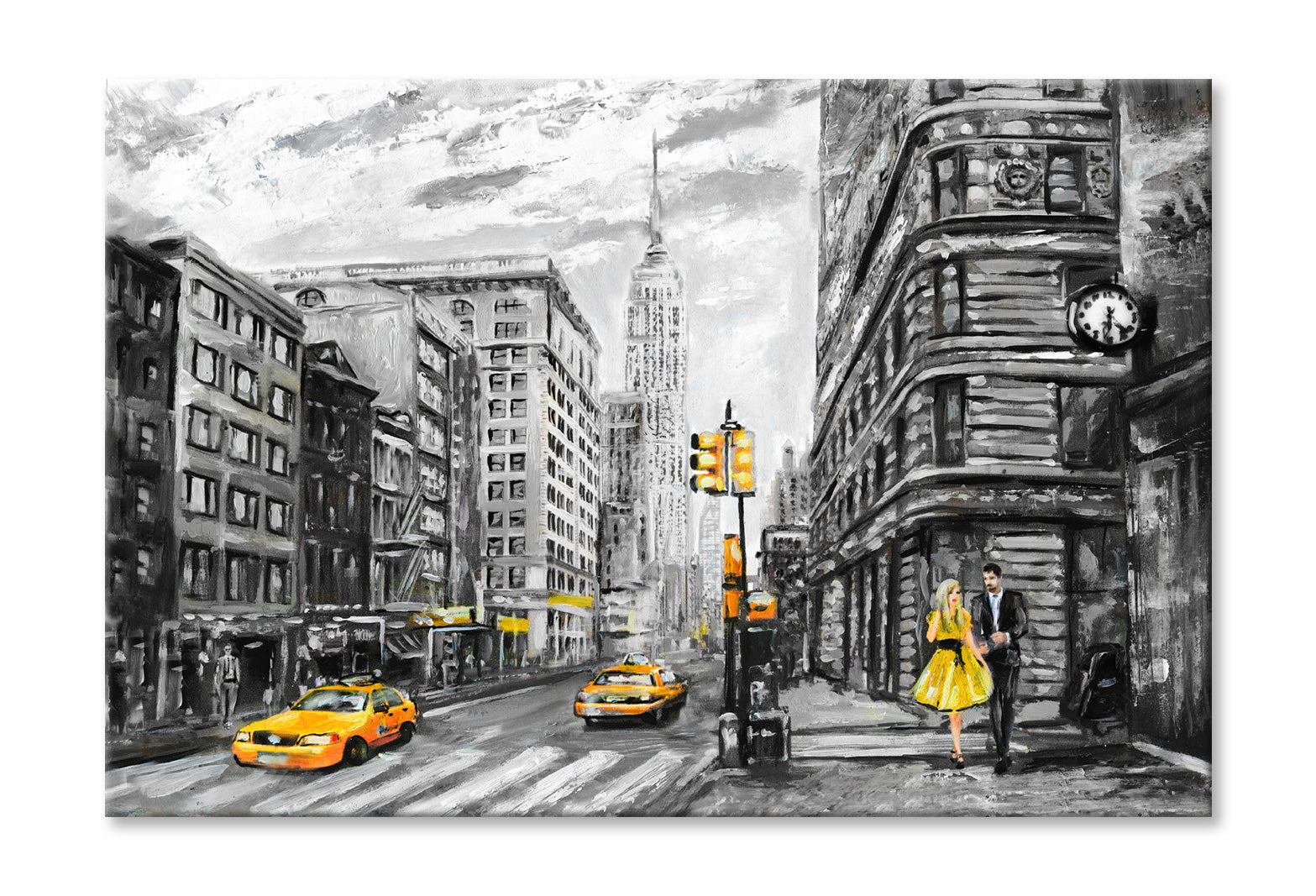 Street View of New York Yellow Taxi & Couple B&W Painting Wall Art Limited Edition High Quality Print Stretched Canvas None