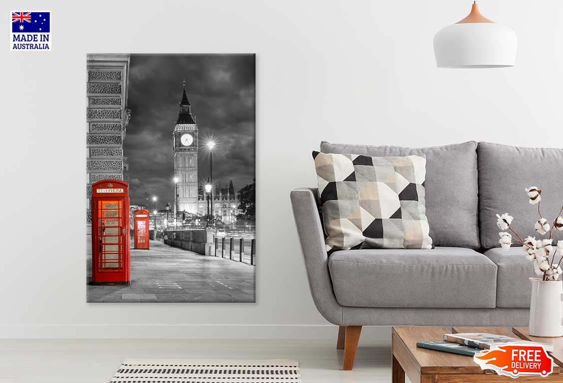 Telephone Booth near Big Ben B&W View Print 100% Australian Made