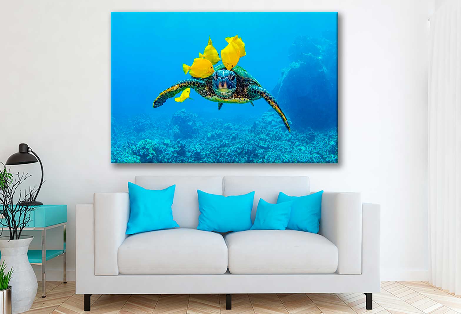 Bella Home Turtle with Yellow Coral Fish Print Canvas Ready to hang