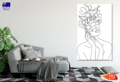 Flowers & Woman Face B&W Line Art Design Print 100% Australian Made